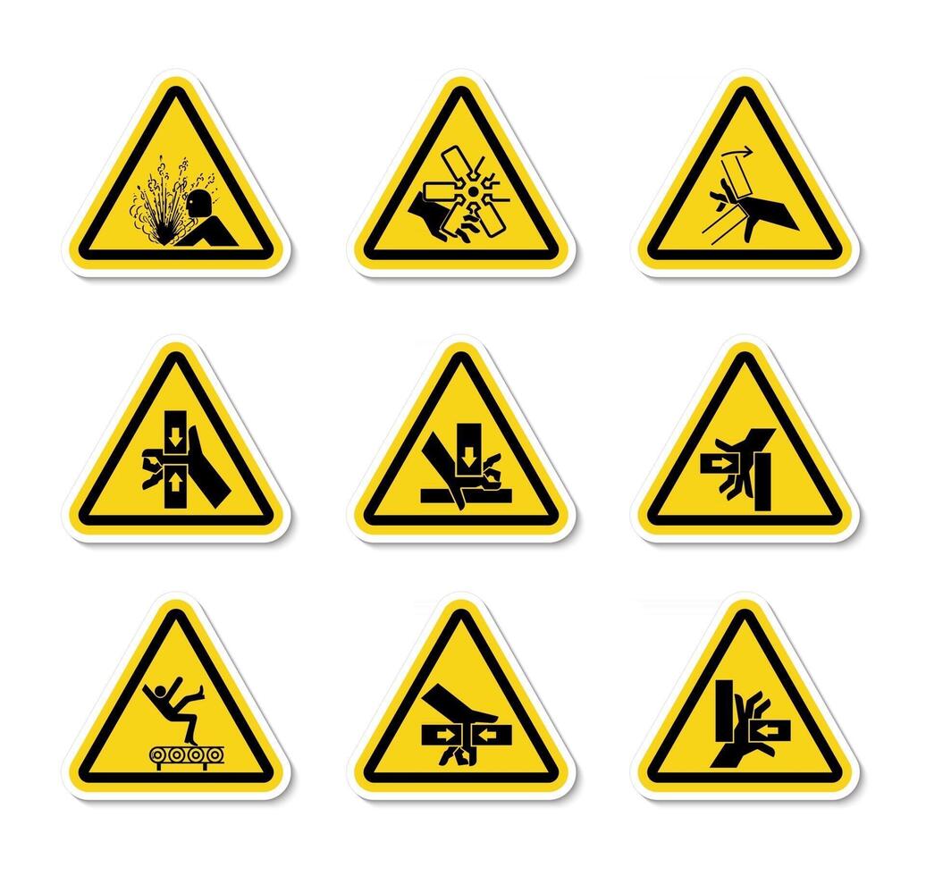 Étiquettes de symboles de danger d'avertissement triangulaires sur fond blanc vecteur