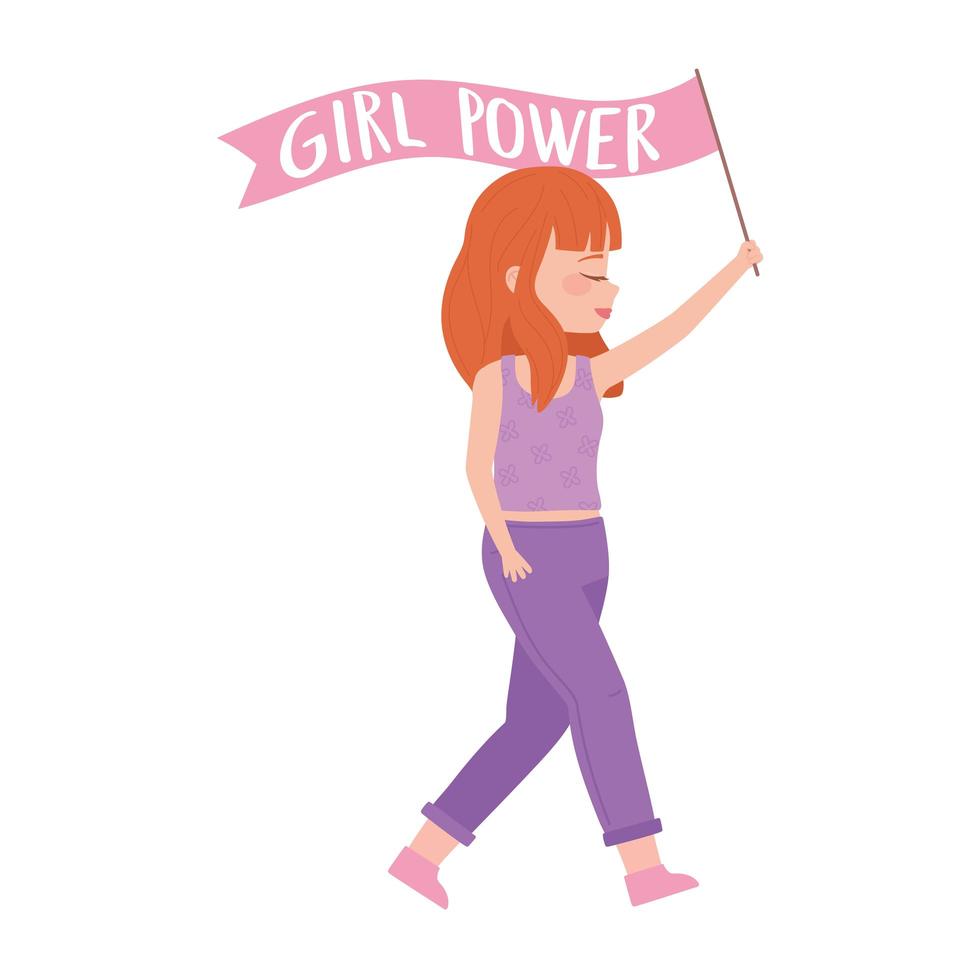 journée de la femme, fille tenant un drapeau avec un texte sur le pouvoir des filles vecteur