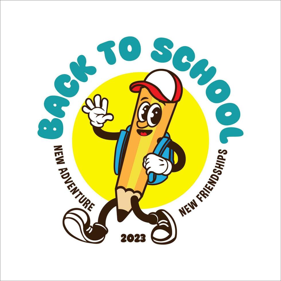 en marchant crayon dessin animé dans rétro style, parfait pour t chemise et école mascotte un événement logo conception vecteur