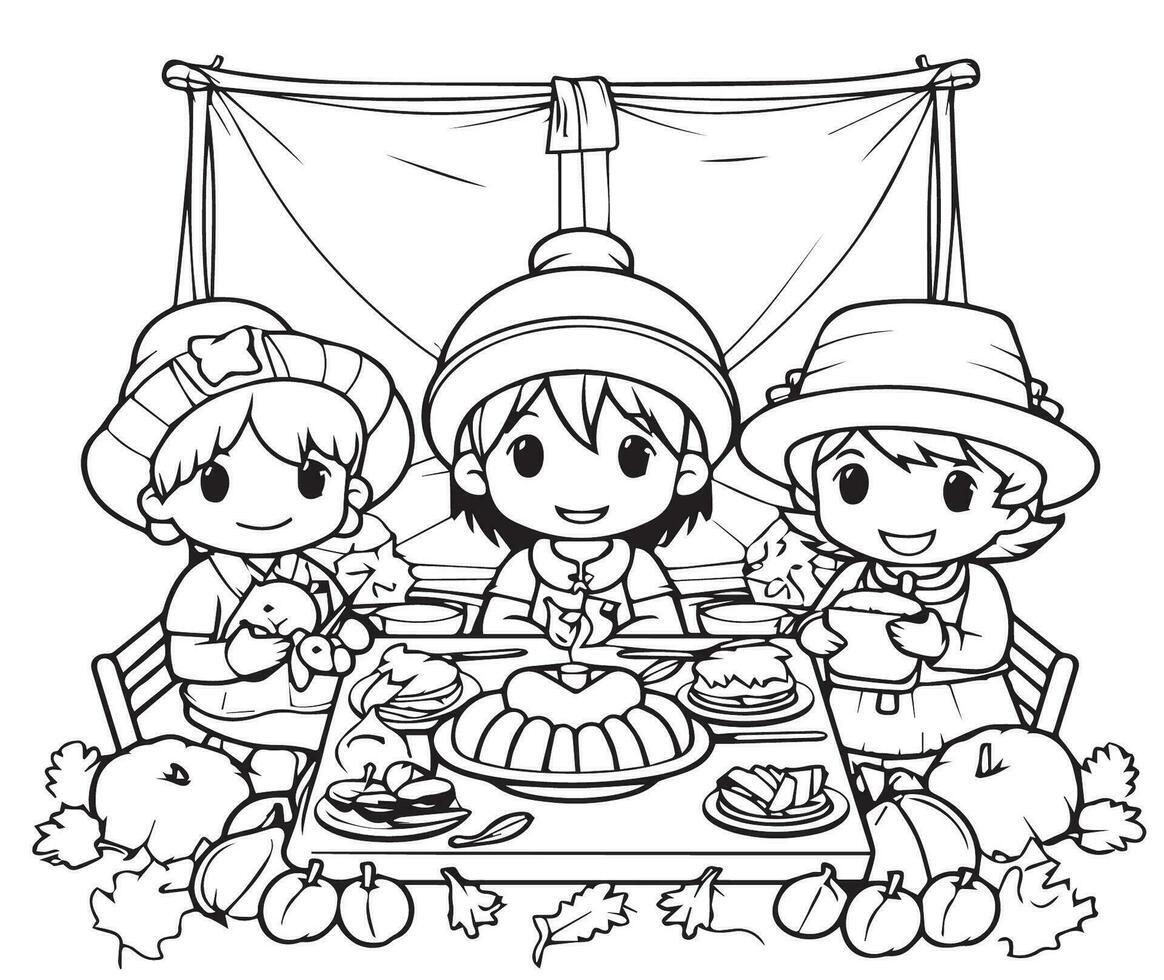 kawaii action de grâces le banquet avec pèlerins en mangeant dinde coloration page vecteur