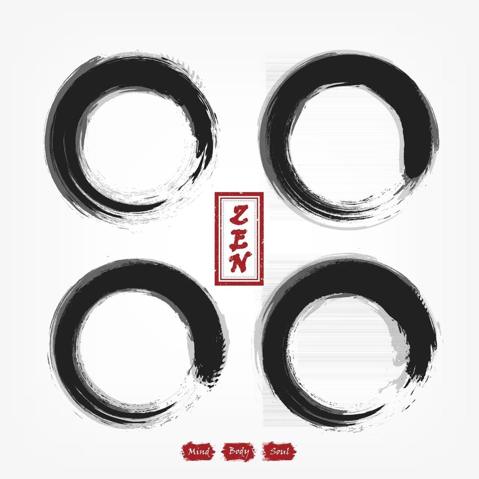 ensemble de compilation de cercles zen enso. conception sumi e. couleur de chevauchement noir et gris. cachet rouge avec alphabet zen. fond dégradé gris. illustration vectorielle. vecteur