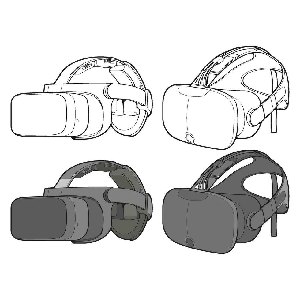 ensemble de virtuel réalité casque coloration dessin vecteur, virtuel réalité casque tiré dans une esquisser style. coloration virtuel réalité casque formateurs modèle contour, vecteur illustration.