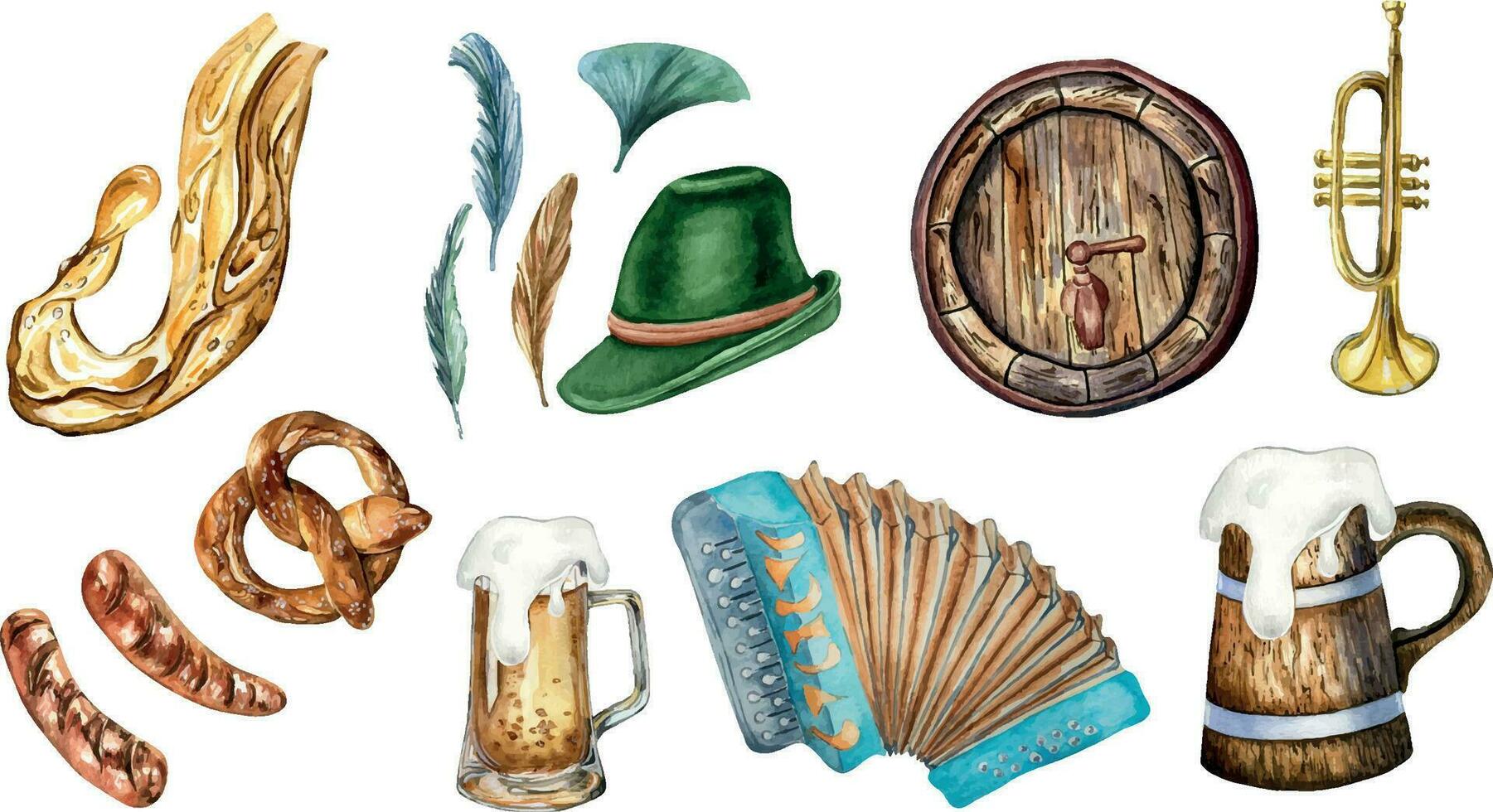 ensemble de en bois baril, pinte de bière, allemand chapeau, accordéon aquarelle illustration isolé sur blanche. bretzel, trompette, Bière éclaboussure main dessiné. conception pour Bière festival, brassage, emballage, Contexte. vecteur