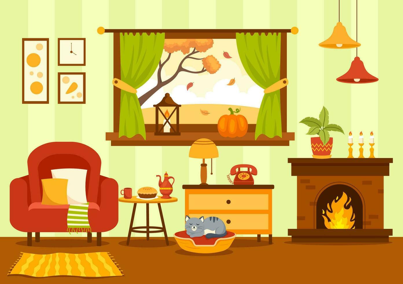 l'automne confortable Accueil décor vecteur illustration avec vivant pièce intérieur meubles Contexte éléments dans plat dessin animé main tiré modèles