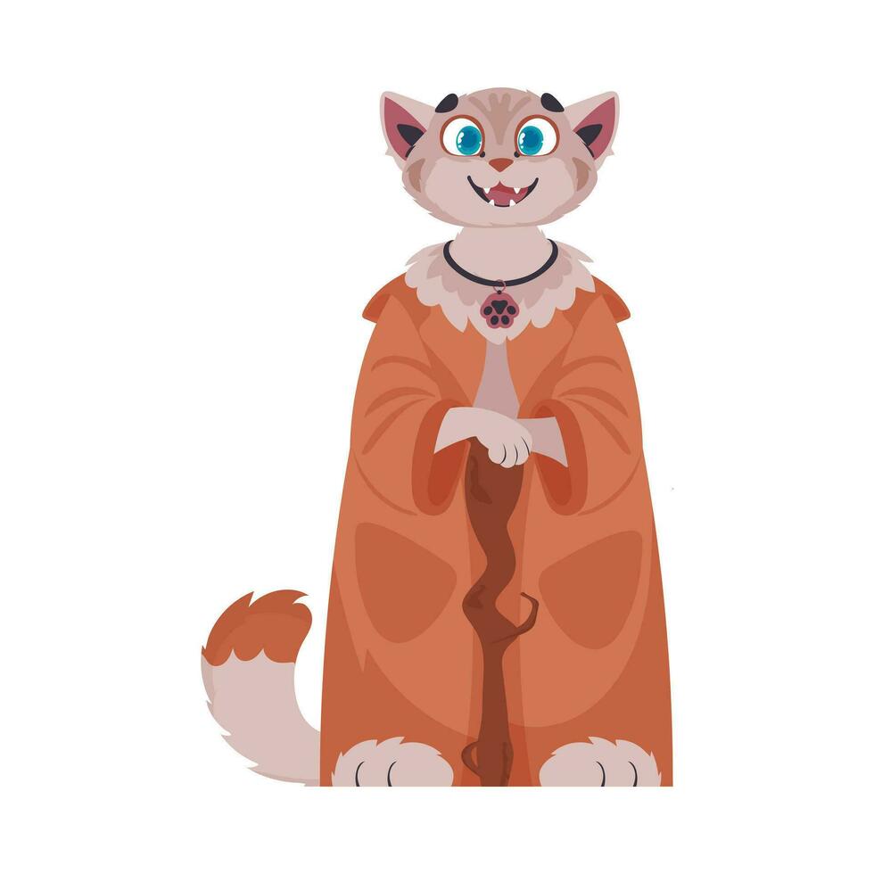 astucieux chat dans une manteau, en portant une personnel. dessin animé style, vecteur illustration