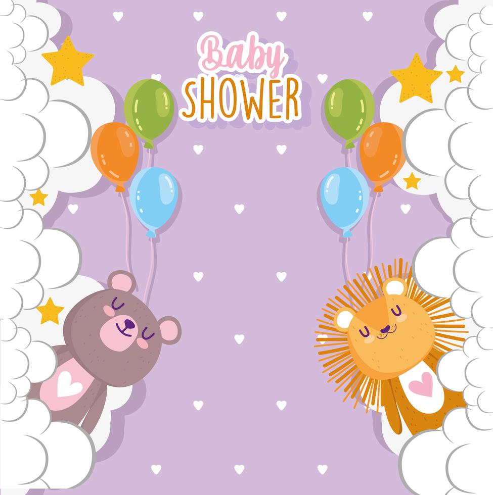 douche de bébé, lion et ours mignons avec des ballons et des nuages vecteur