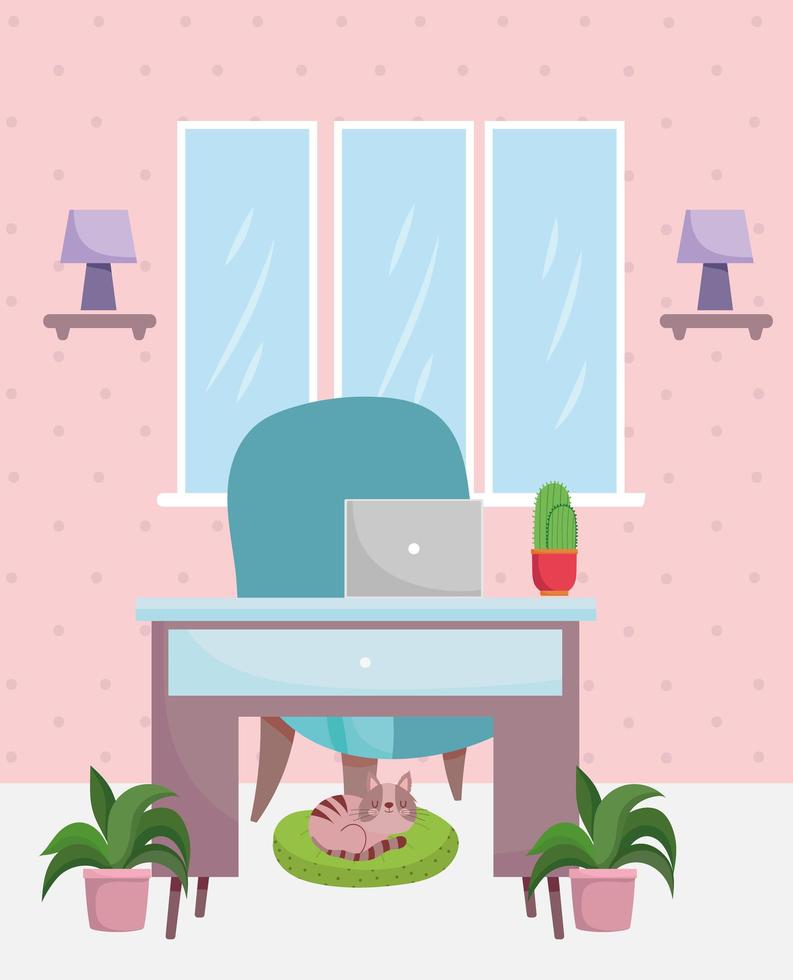 bureau à domicile intérieur chaise de bureau ordinateur portable cactus plantes et chat vecteur