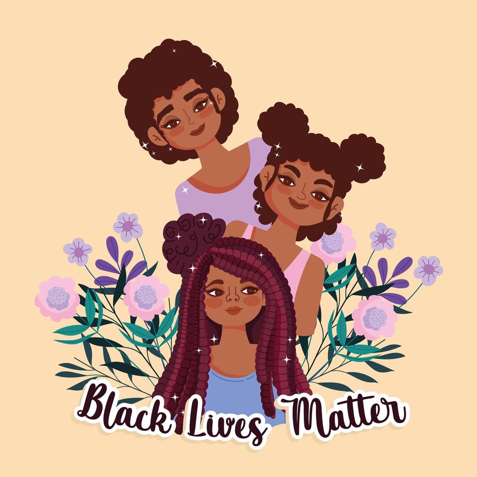 les vies noires comptent, jolies filles de groupe avec des fleurs vecteur