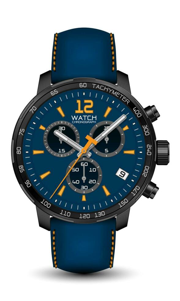 réaliste regarder l'horloge chronographe noir acier bleu cuir sangle Jaune La Flèche sur blanc conception classique luxe vecteur