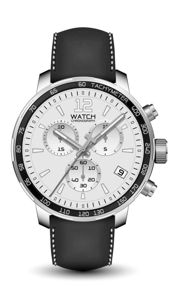 réaliste regarder l'horloge chronographe argent cuir sangle noir sur blanc conception classique luxe vecteur