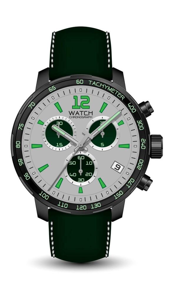 réaliste regarder l'horloge chronographe noir acier vert cuir sangle gris La Flèche sur blanc conception classique luxe vecteur