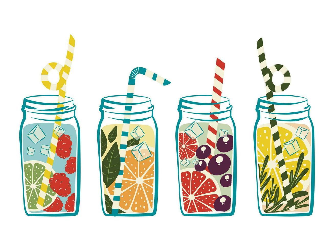 boissons, ensemble de été, cool, agrumes les boissons dans pots avec une paille, vecteur illustration
