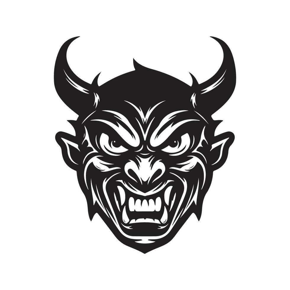 diable mascotte, ancien logo ligne art concept noir et blanc couleur, main tiré illustration vecteur