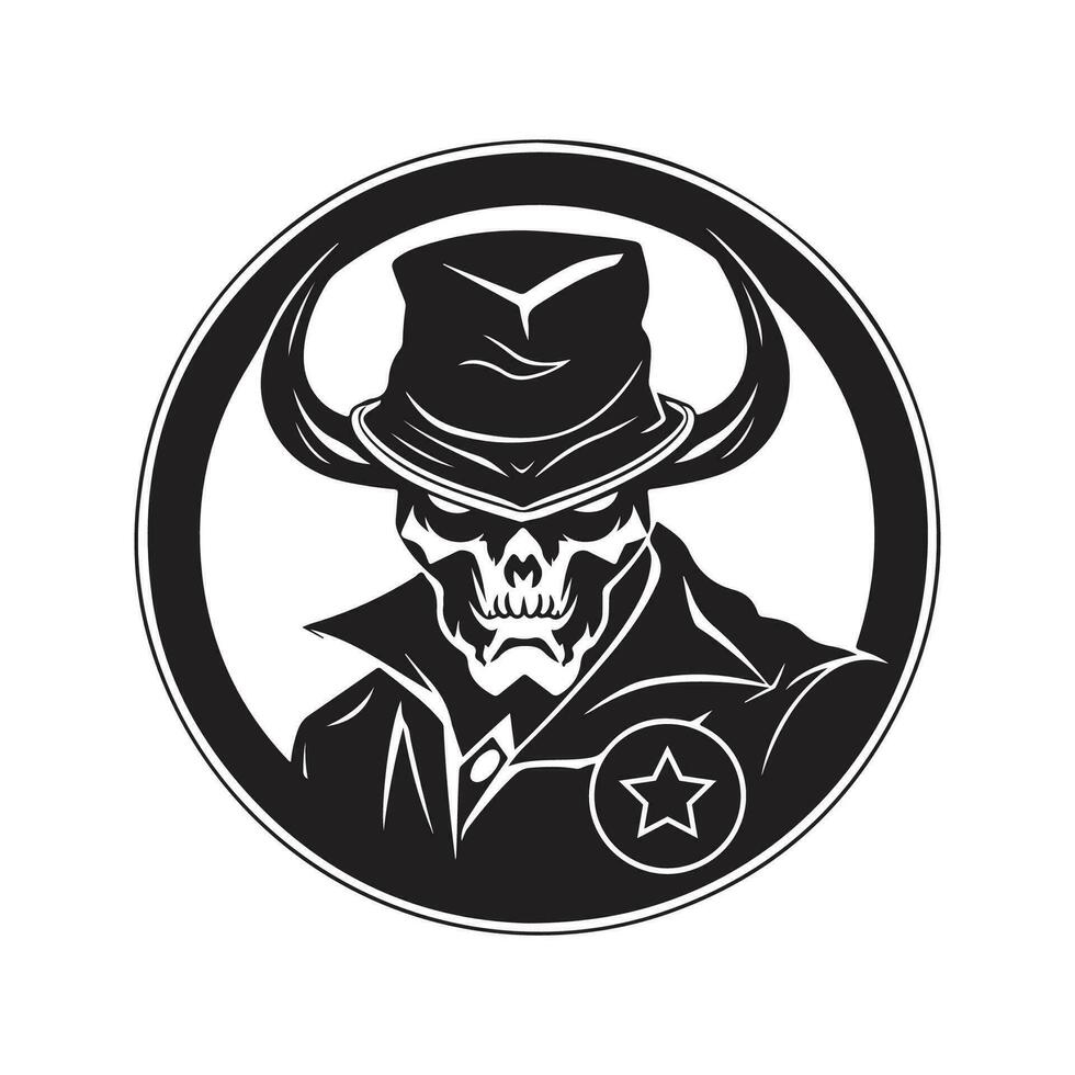 diable soldat, ancien logo ligne art concept noir et blanc couleur, main tiré illustration vecteur