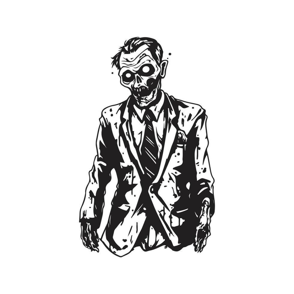 zombi portant costume, ancien logo ligne art concept noir et blanc couleur, main tiré illustration vecteur