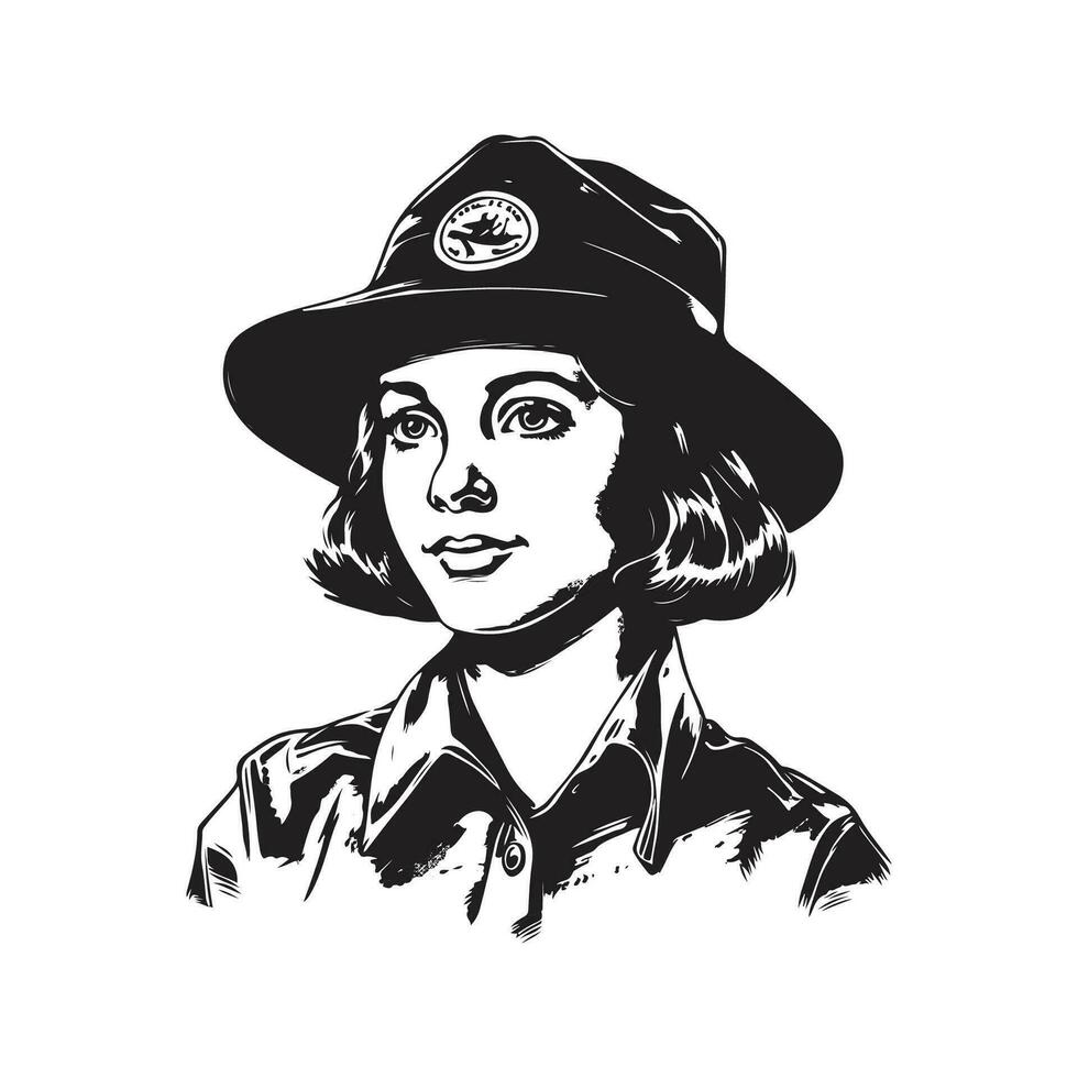 fille scout, ancien logo ligne art concept noir et blanc couleur, main tiré illustration vecteur