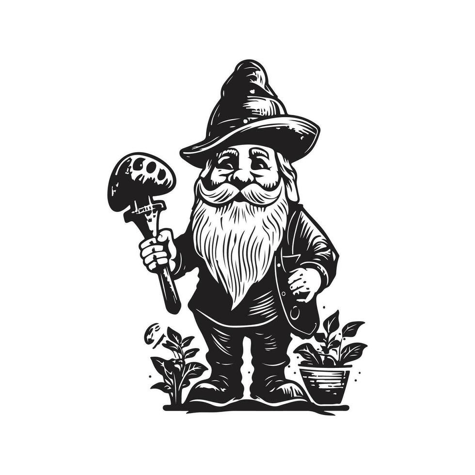 jardin gnome, ancien logo ligne art concept noir et blanc couleur, main tiré illustration vecteur