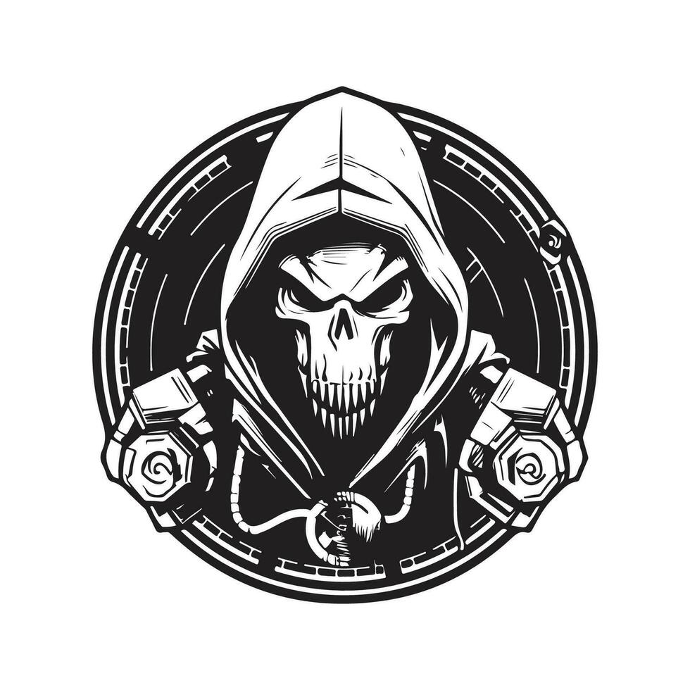 cyberware pirate chef, ancien logo ligne art concept noir et blanc couleur, main tiré illustration vecteur
