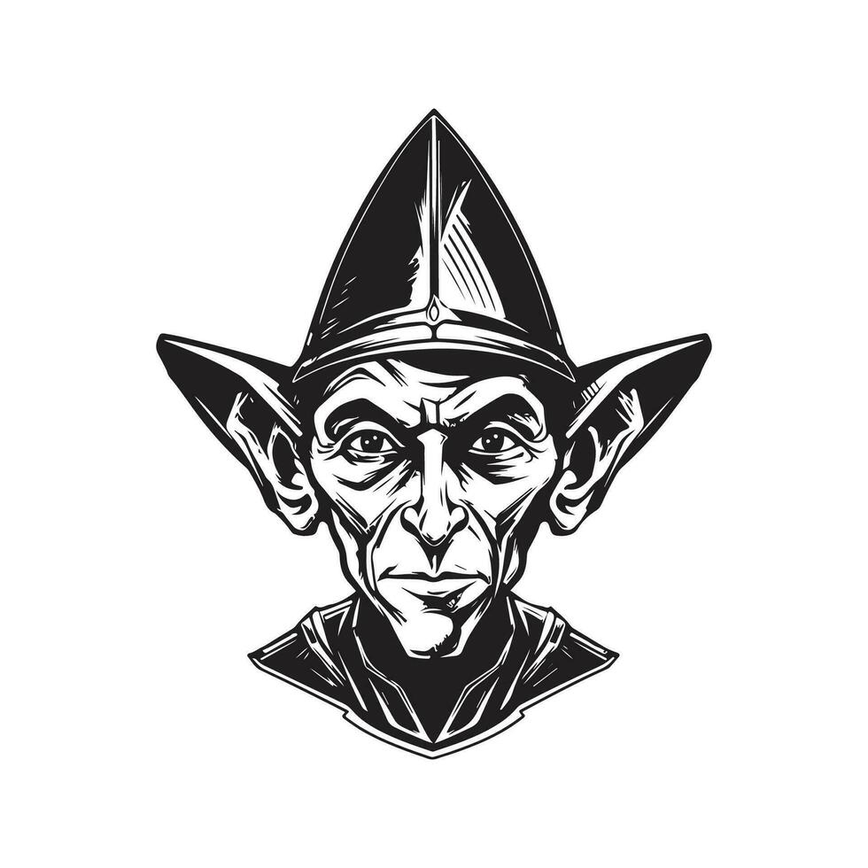 elfe sci Fi, ancien logo ligne art concept noir et blanc couleur, main tiré illustration vecteur