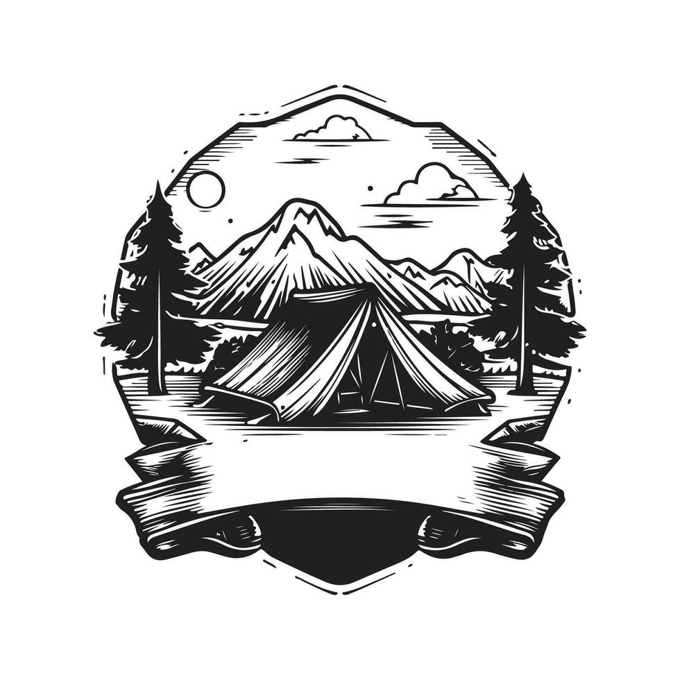 camp club, ancien logo ligne art concept noir et blanc couleur, main tiré illustration vecteur