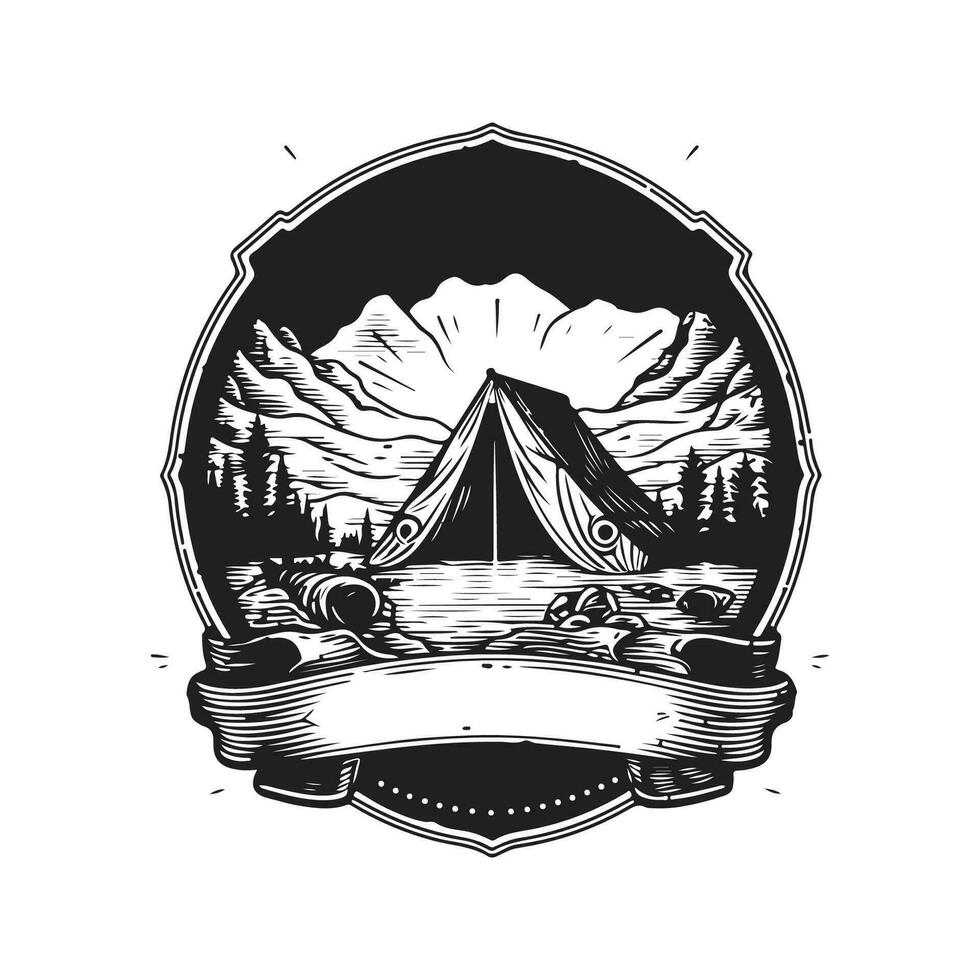 camp club, ancien logo ligne art concept noir et blanc couleur, main tiré illustration vecteur