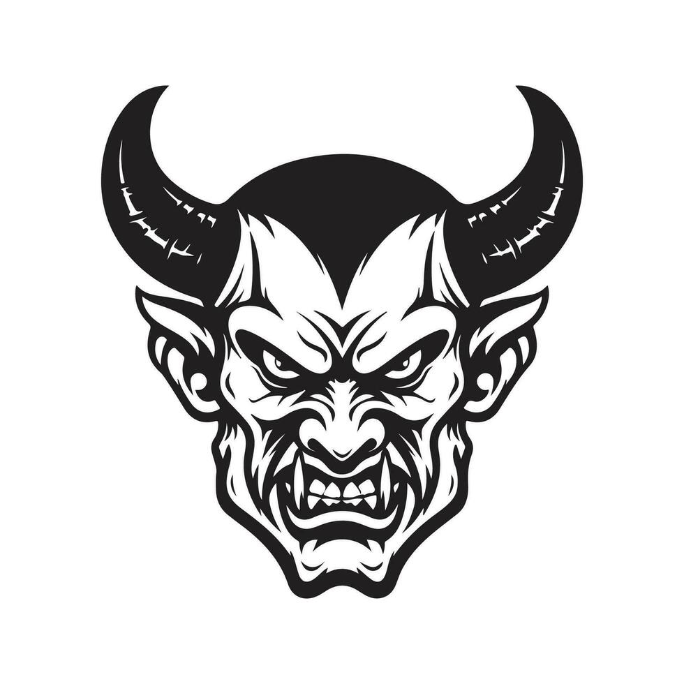 diable mascotte, ancien logo ligne art concept noir et blanc couleur, main tiré illustration vecteur