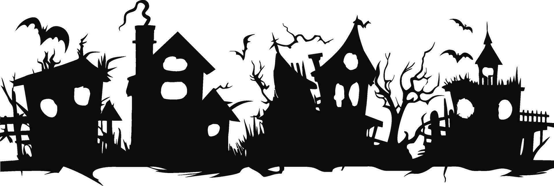 Halloween Maisons et des arbres sur blanc Contexte de noir silhouettes style. hanté Maisons ou effrayant village pour arrière-plan, bannière et entête. vecteur illustration pour Halloween concept