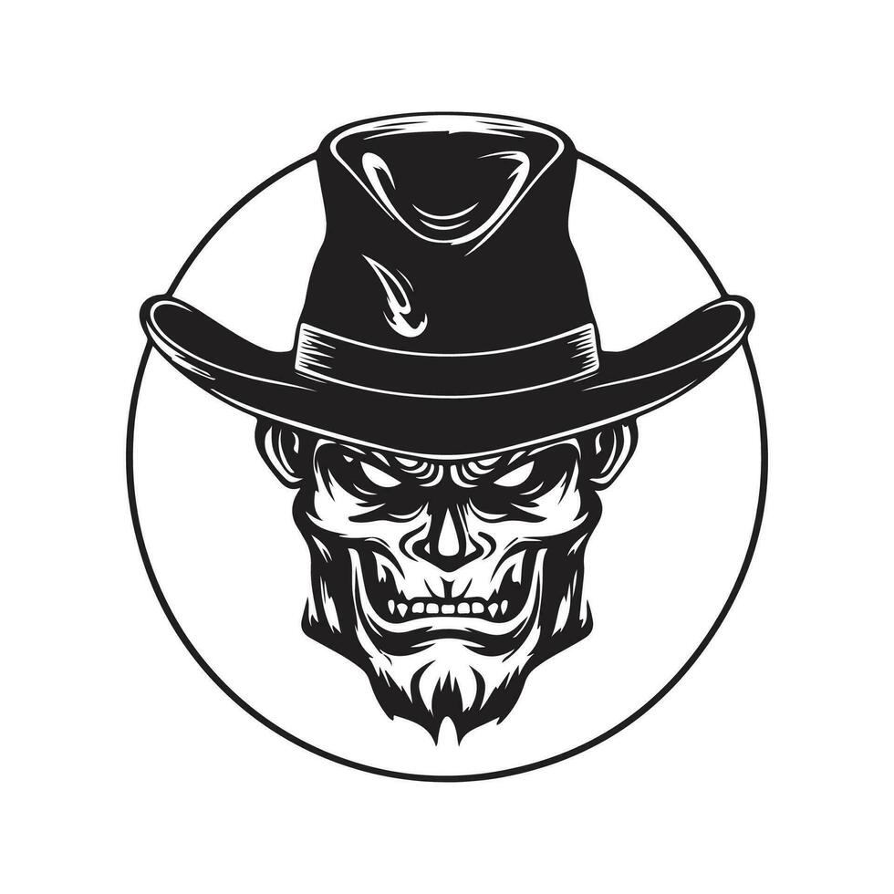 diable portant chapeau, ancien logo ligne art concept noir et blanc couleur, main tiré illustration vecteur