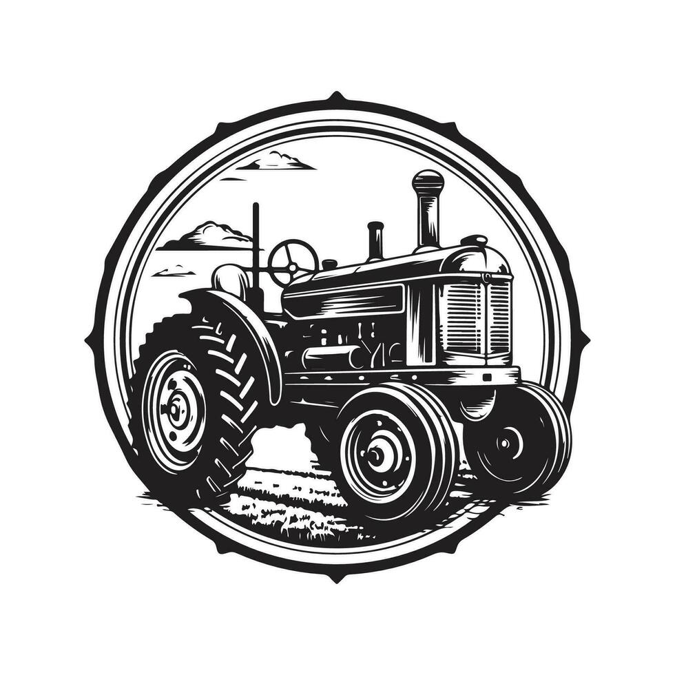 tracteur, ancien logo ligne art concept noir et blanc couleur, main tiré illustration vecteur