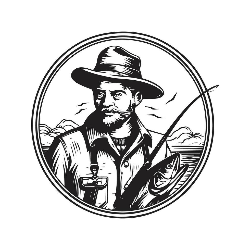 pêche, ancien logo ligne art concept noir et blanc couleur, main tiré illustration vecteur