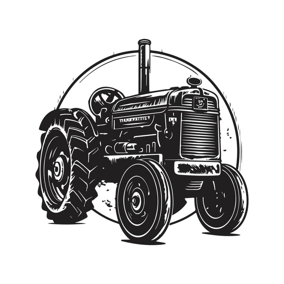tracteur, ancien logo ligne art concept noir et blanc couleur, main tiré illustration vecteur