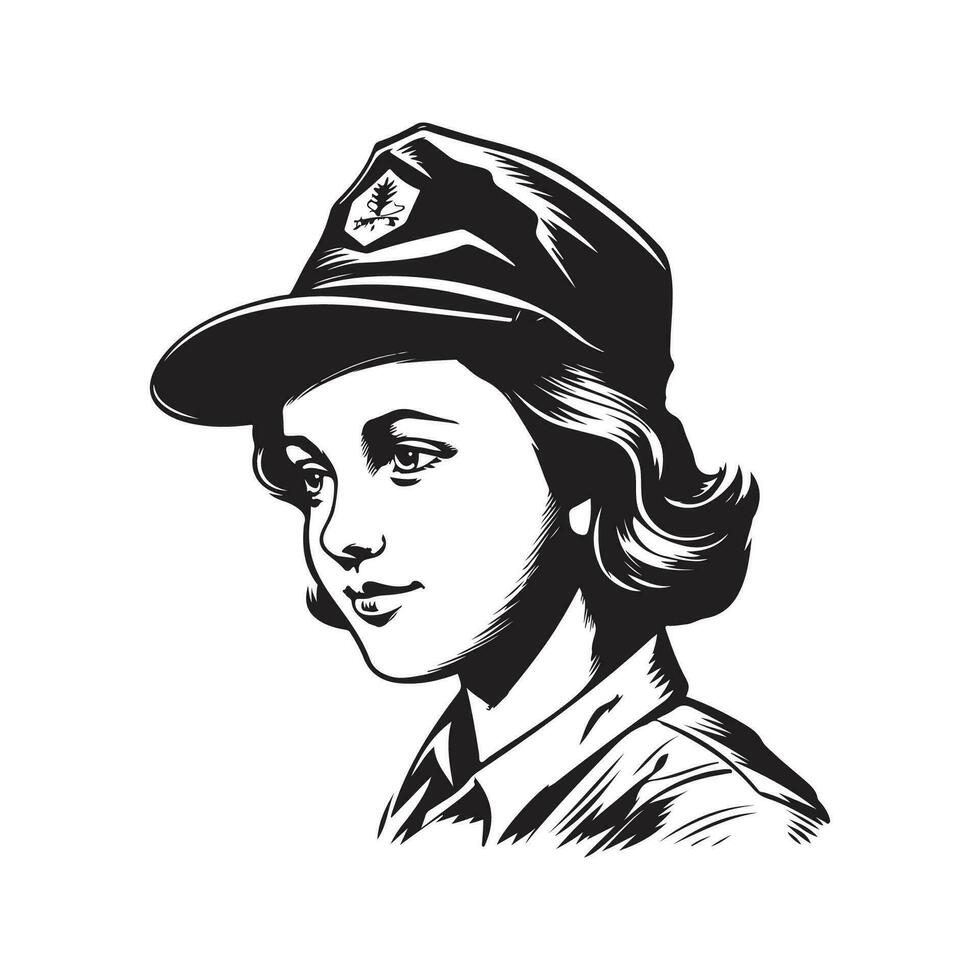 fille scout, ancien logo ligne art concept noir et blanc couleur, main tiré illustration vecteur