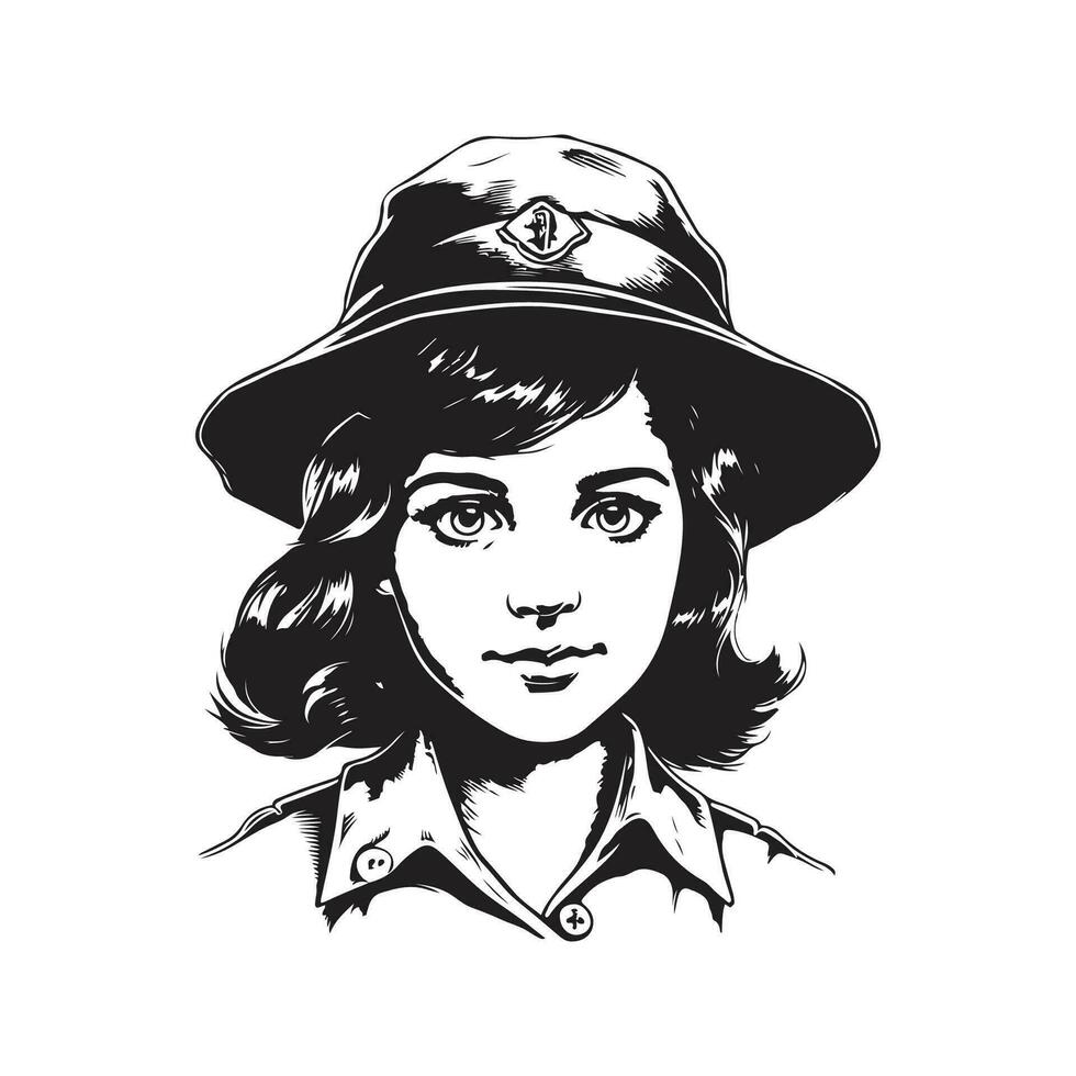 fille scout, ancien logo ligne art concept noir et blanc couleur, main tiré illustration vecteur