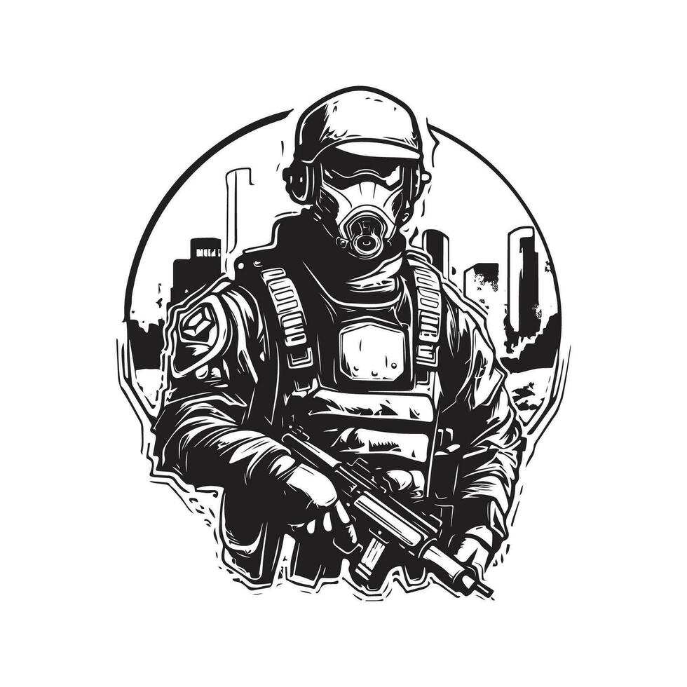 cyberpunk soldat ville patrouille, ancien logo ligne art concept noir et blanc couleur, main tiré illustration vecteur