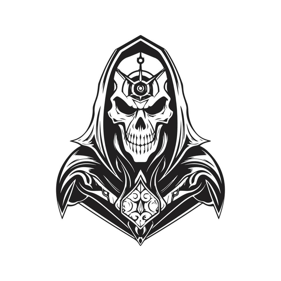 effrayant futuriste nécromancien, ancien logo ligne art concept noir et blanc couleur, main tiré illustration vecteur