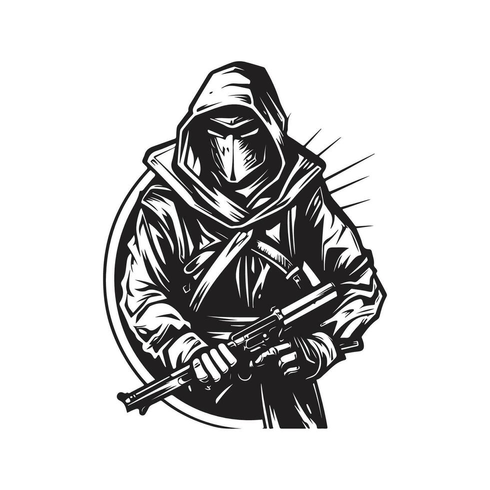 furtif assassin, ancien logo ligne art concept noir et blanc couleur, main tiré illustration vecteur