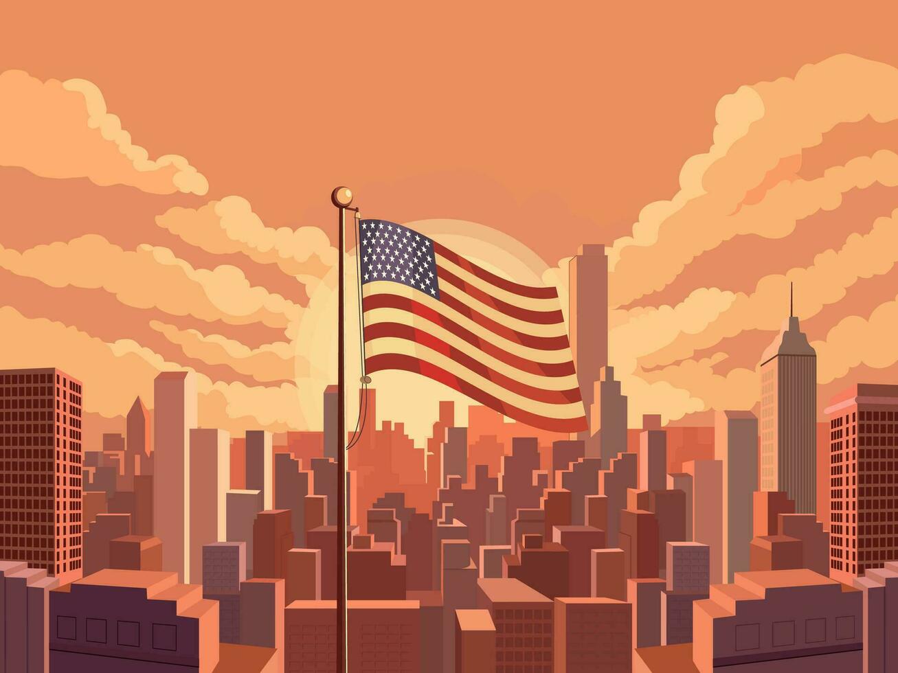 américain drapeau agitant avec gratte-ciel bâtiment vue de le ville sur le coucher du soleil Contexte. Etats-Unis nationale Festival fête bannière conception. vecteur