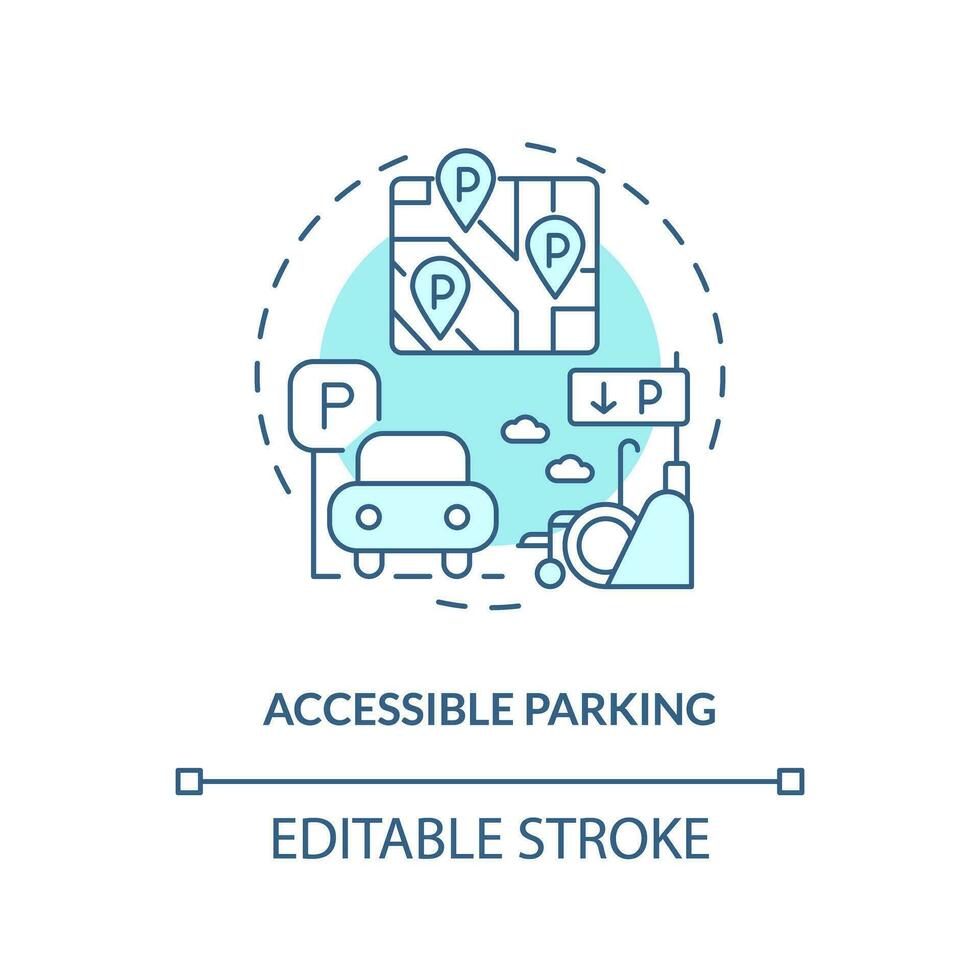 accessible parking turquoise concept icône. fauteuil roulant transport. invalidité soutien. barrière gratuit. réservé parking abstrait idée mince ligne illustration. isolé contour dessin. modifiable accident vasculaire cérébral vecteur