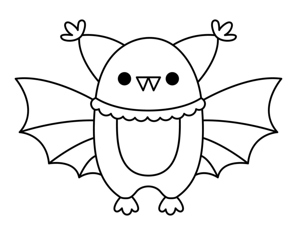 vecteur noir et blanc kawaii chauve souris. mignonne souriant Halloween ligne personnage pour enfants. marrant l'automne tout saints journée dessin animé animal avec propager ailes illustration. Samhain fête icône ou coloration page