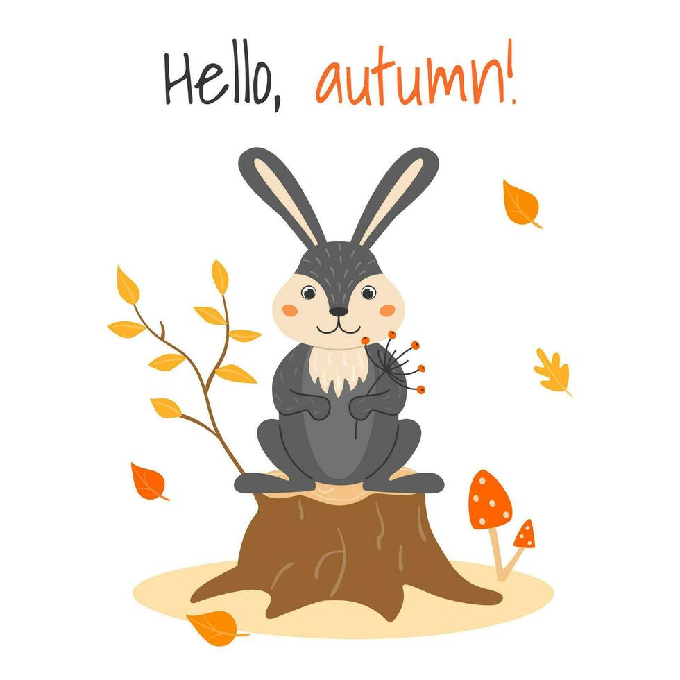 vecteur illustration avec une mignonne lapin sur une souche et l'automne feuilles dans dessin animé style. forêt animaux et les plantes. Bonjour, l'automne.