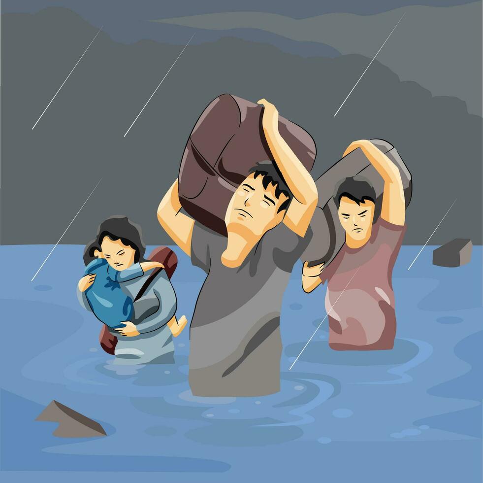 homme et femme réfugié dans inonder catastrophe en marchant par lourd pluie et l'eau vecteur