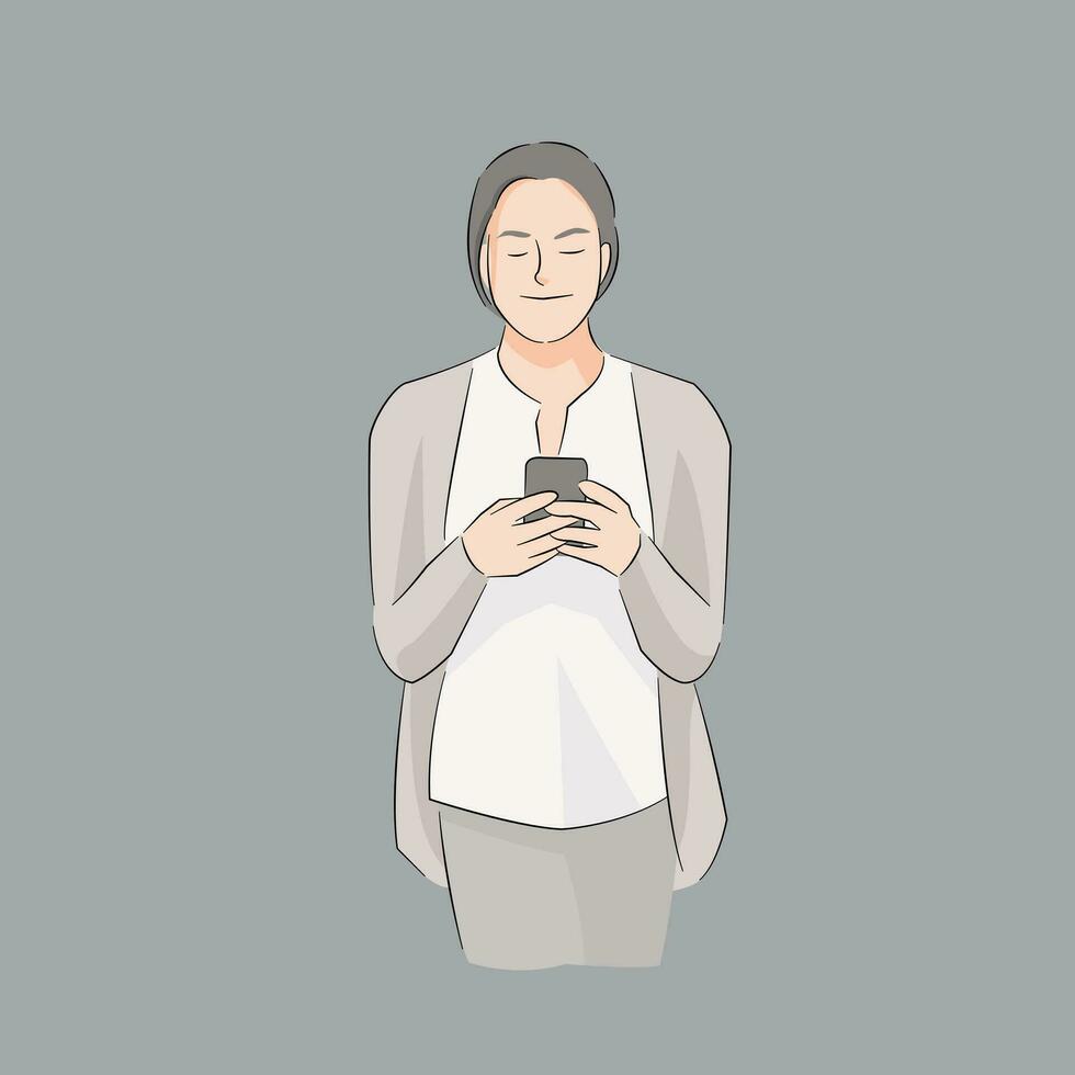 femme permanent en portant mobile téléphone en utilisant pour envoyer des SMS bavardage communicant ou navigation site Internet vecteur