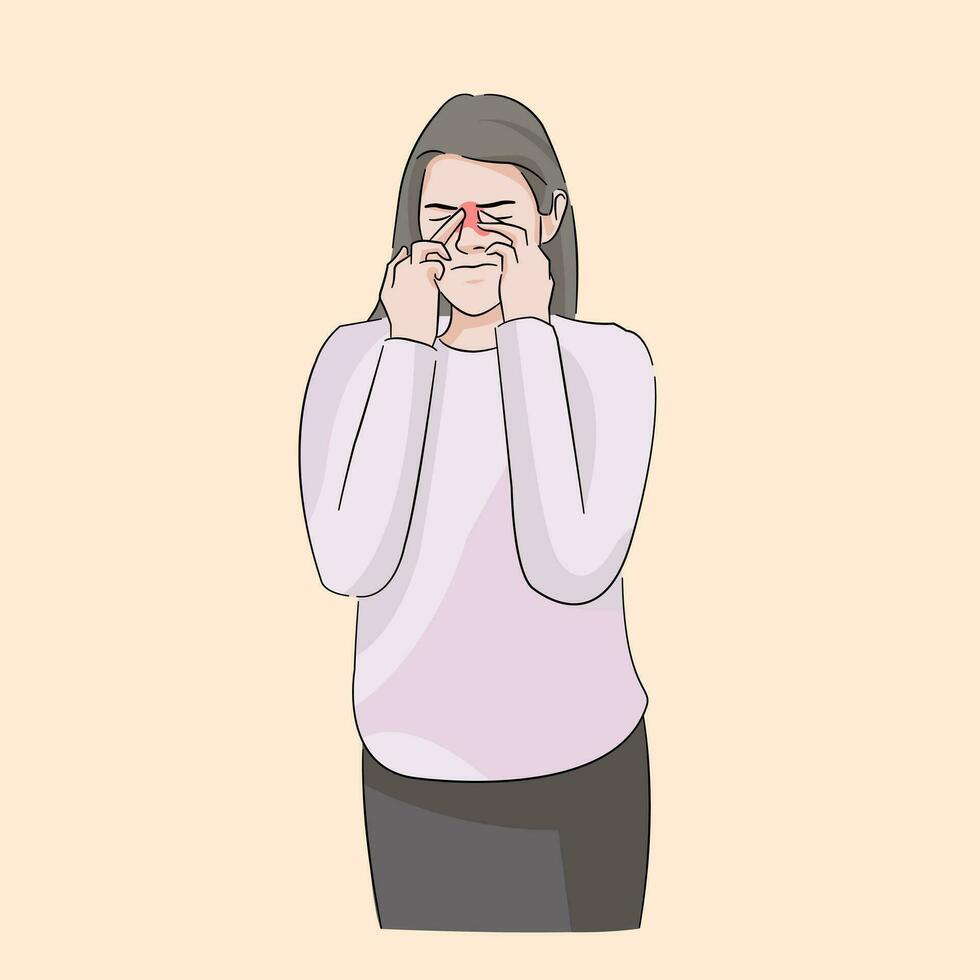 femme tenir émouvant nez sinus infection avoir besoin traitement provoquant migraine dans du froid Température vecteur