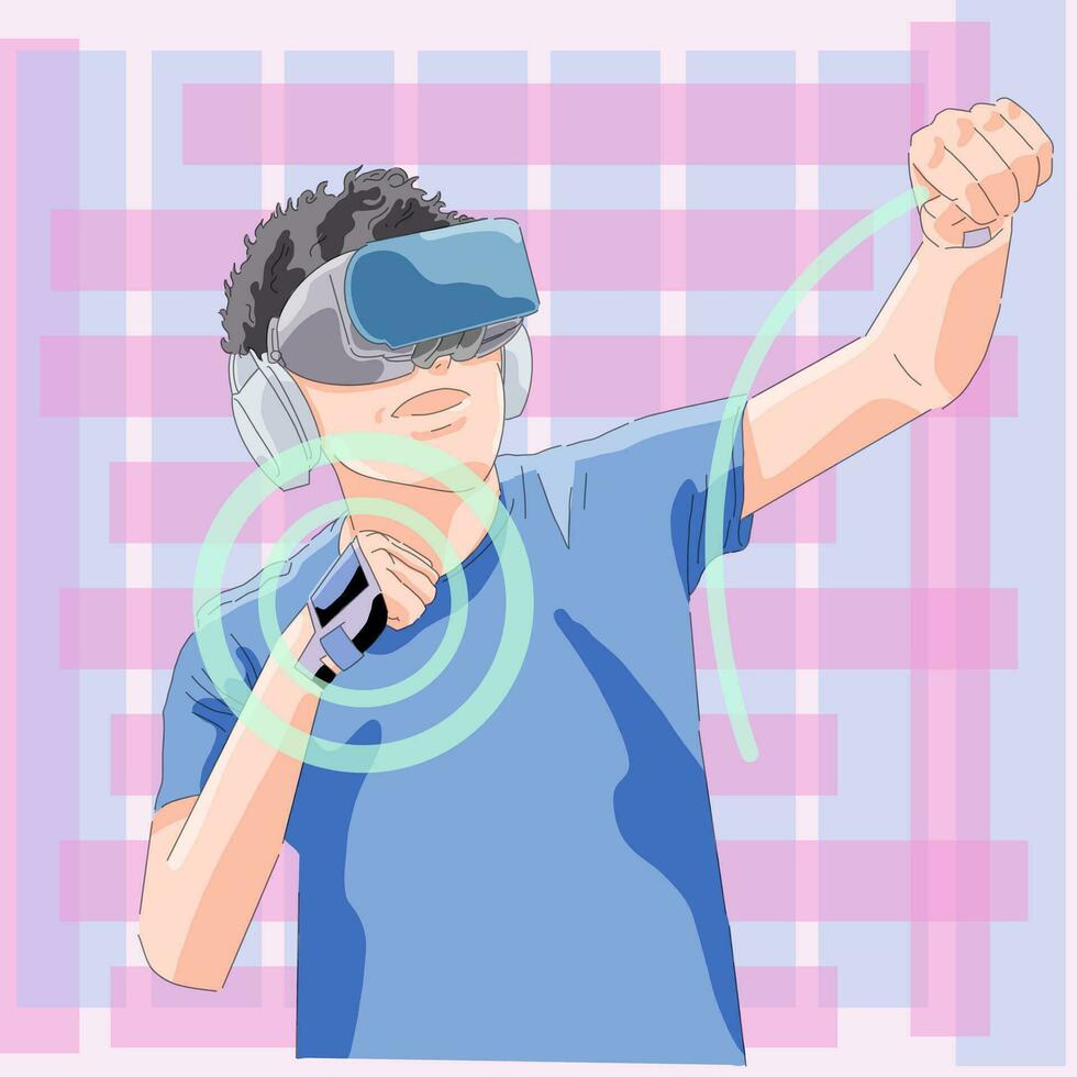 homme en utilisant virtuel réalité simulateur casque en jouant Jeu dans augmenté réalité monde expérience vecteur