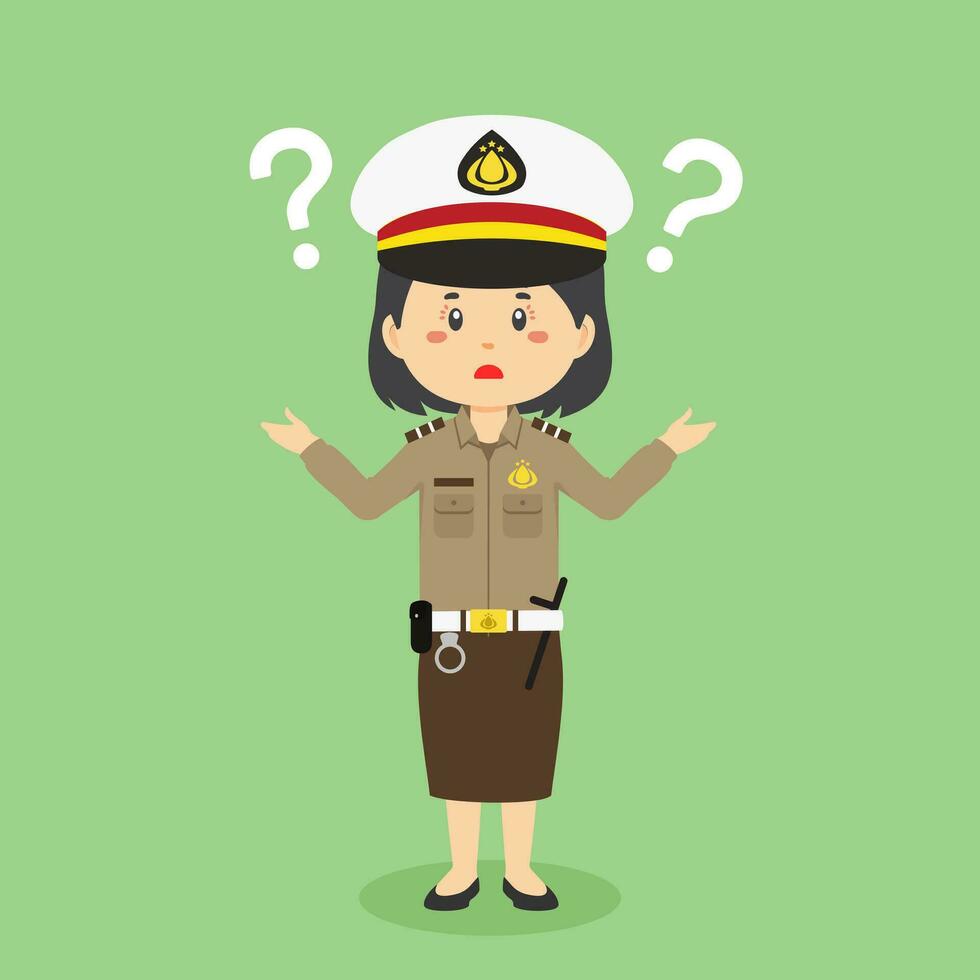 indonésien police femme confus avec question marque vecteur