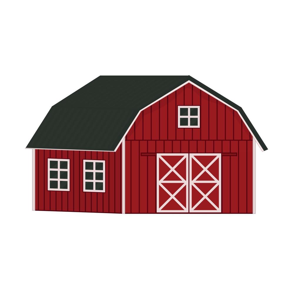 doodle cartoon seule maison de grange en bois rouge, toit gris, fenêtres et portes avec tableaux blancs croisés. contour vectoriel isolé illustration dessinée à la main sur fond blanc, vue avant et latérale