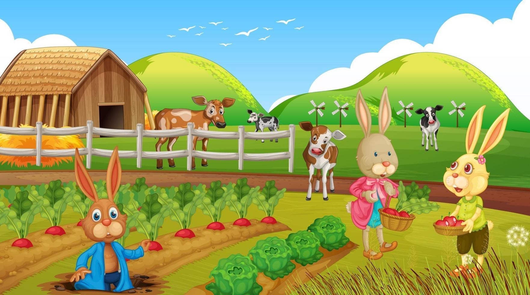 scène de jardin avec personnage de dessin animé de famille de lapin vecteur