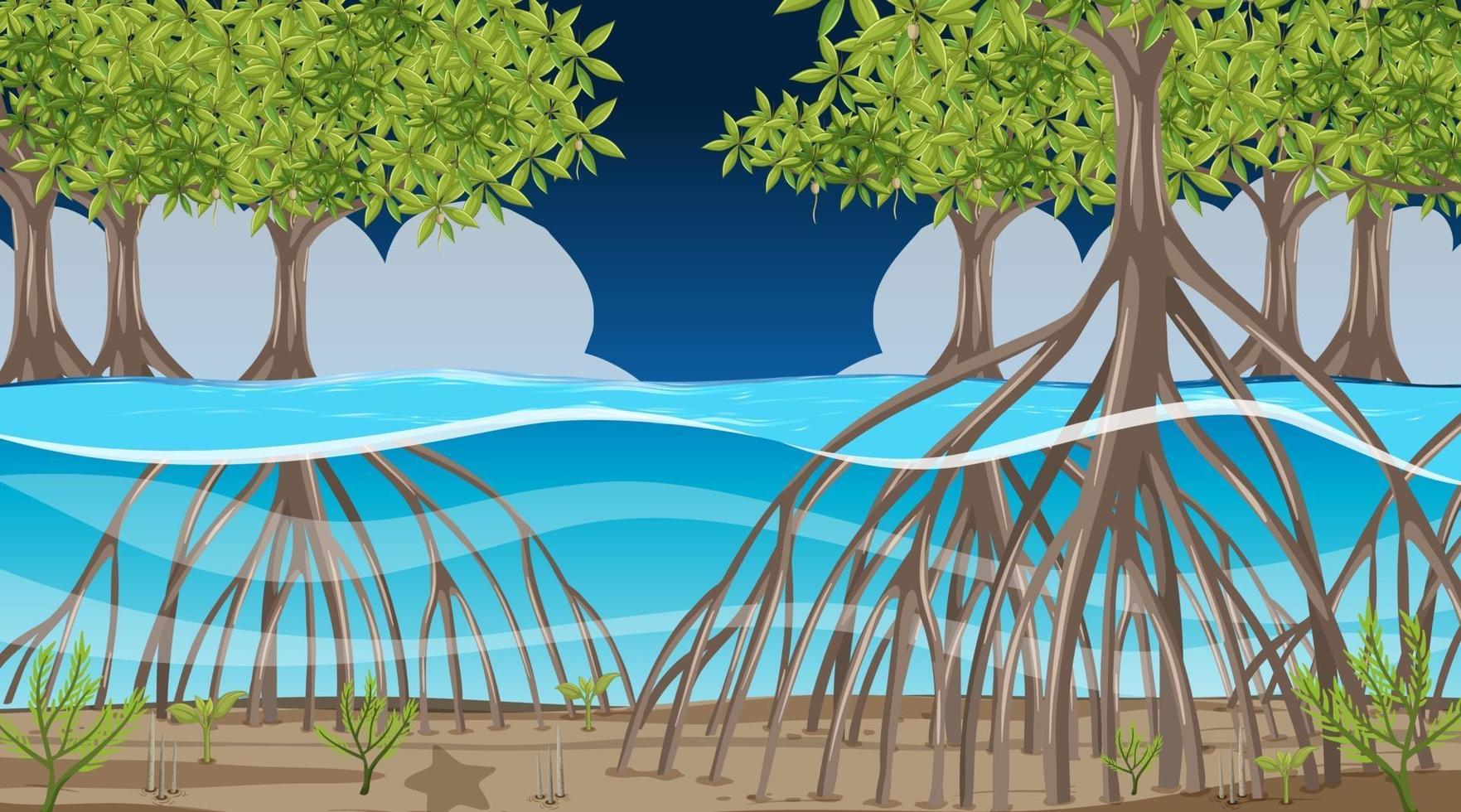 scène de la nature avec forêt de mangrove la nuit en style cartoon vecteur