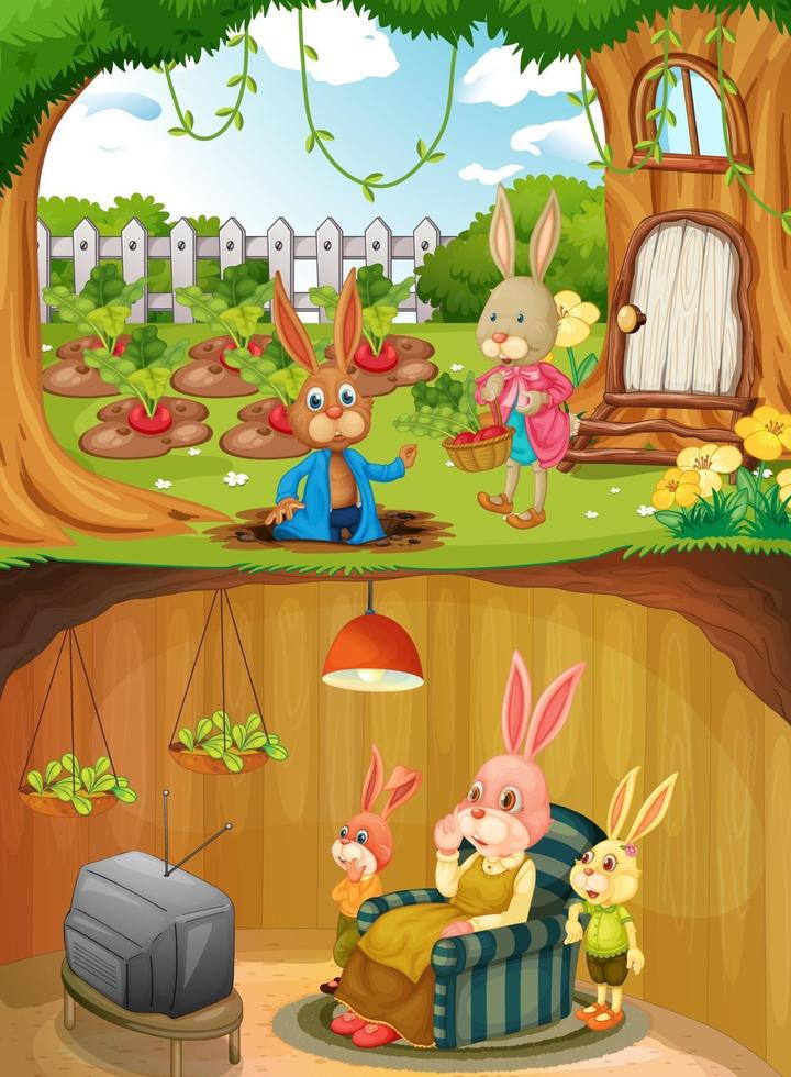 famille de lapin en sous-sol avec surface au sol de la scène de jardin vecteur
