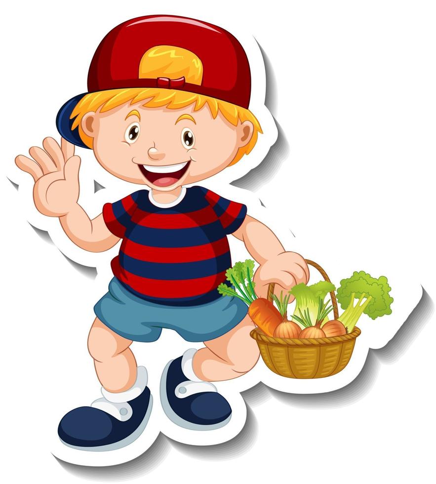 modèle d'autocollant avec un garçon tenant un personnage de dessin animé de panier de légumes isolé vecteur